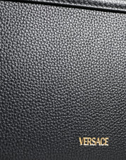 Black Grainy Calf Leather Logo Crossbody Shoulder Bag