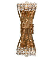Gold Tone Brass Bow Crystal FauxPearl Embellished Brooch