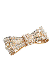 Gold Tone Brass Bow Crystal FauxPearl Embellished Brooch