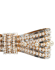 Gold Tone Brass Bow Crystal FauxPearl Embellished Brooch