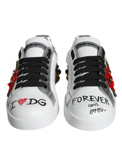 White Leather Floral Studded Sneakers Shoes