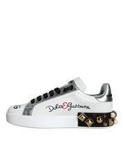 White Leather Floral Studded Sneakers Shoes