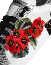 White Leather Floral Studded Sneakers Shoes