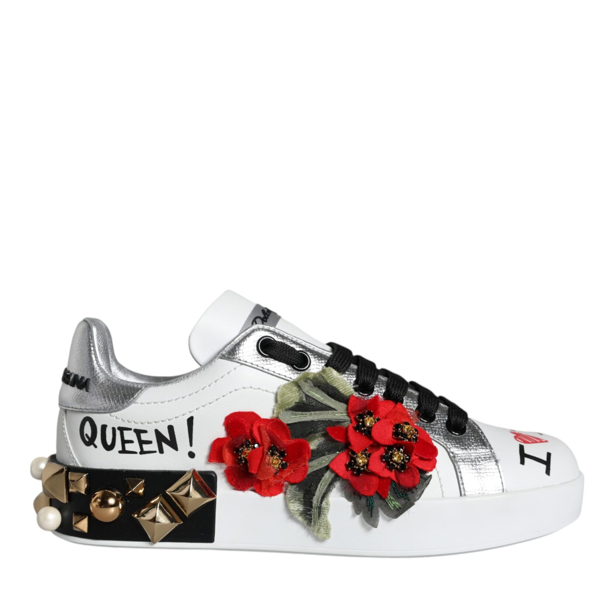 Dolce & Gabbana White Leather Floral Studded Sneakers Shoes Dolce & Gabbana