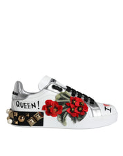 White Leather Floral Studded Sneakers Shoes