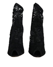 Black Lace Stretch Heels Mid Calf Boot Shoes