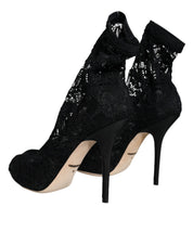 Black Lace Stretch Heels Mid Calf Boot Shoes