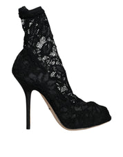 Black Lace Stretch Heels Mid Calf Boot Shoes