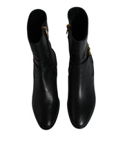 Black Leather Logo Mid Calf Boots Shoes