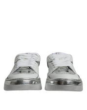 White Silver Leather Low Top Sneakers Shoes