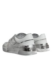White Silver Leather Low Top Sneakers Shoes