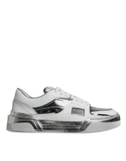 White Silver Leather Low Top Sneakers Shoes