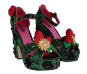 Green Brocade Snakeskin Roses Crystal Shoes