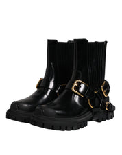 Black Leather Slip On Stretch Trekking Boots Shoes