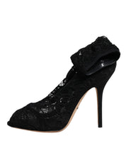 Black Lace Stretch Heels Mid Calf Boots Shoes
