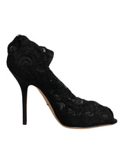 Black Lace Stretch Heels Mid Calf Boots Shoes