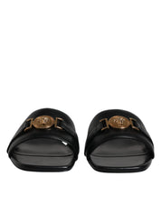 Versace Black Leather Logo Plaque Slip On Slides Flats Shoes Versace