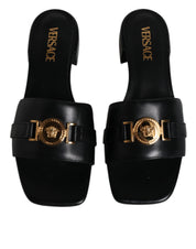 Versace Black Leather Logo Plaque Slip On Slides Flats Shoes Versace
