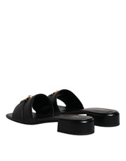 Versace Black Leather Logo Plaque Slip On Slides Flats Shoes Versace