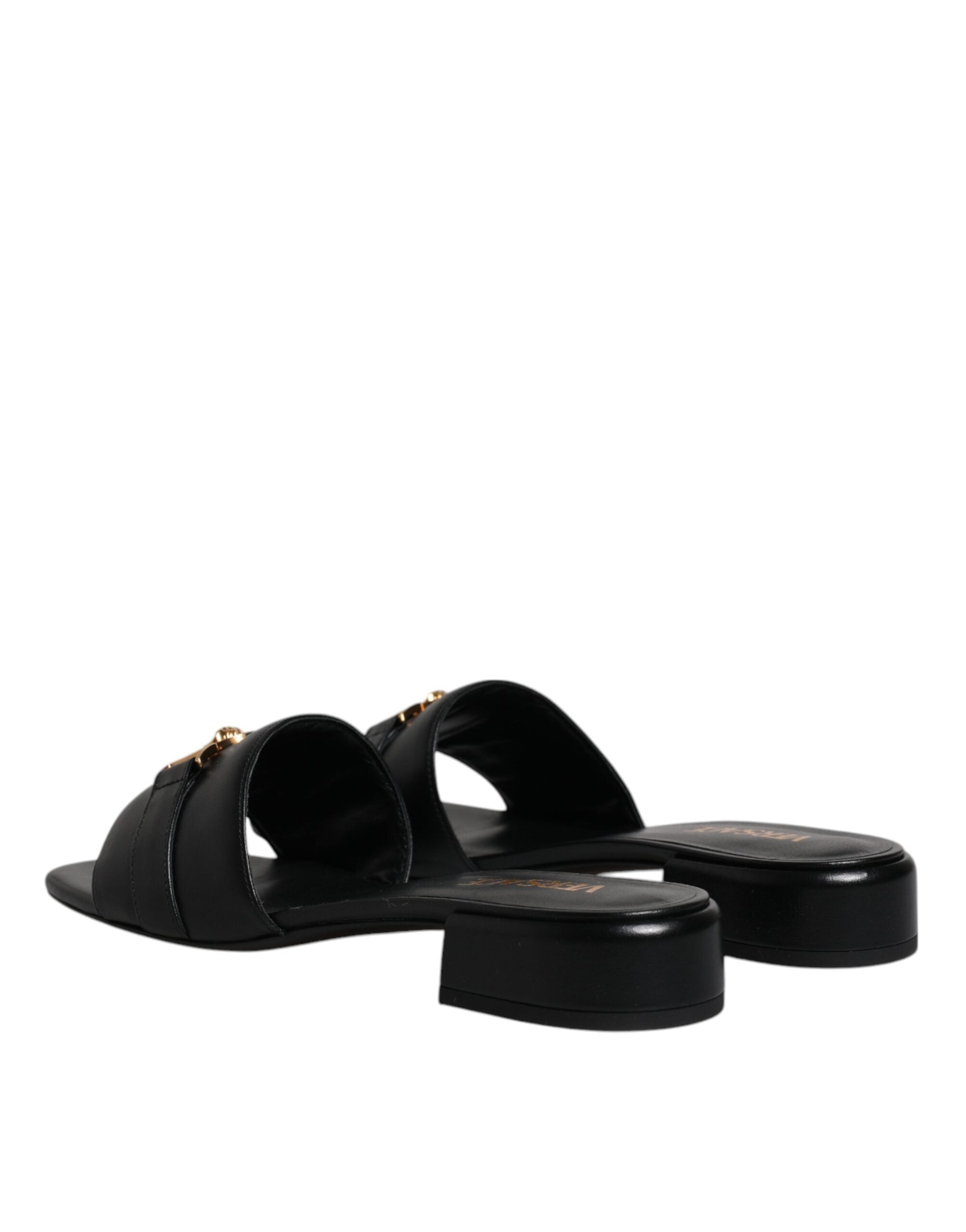 Versace Black Leather Logo Plaque Slip On Slides Flats Shoes Versace