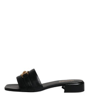 Black Leather Logo Plaque Slip On Slides Flats Shoes