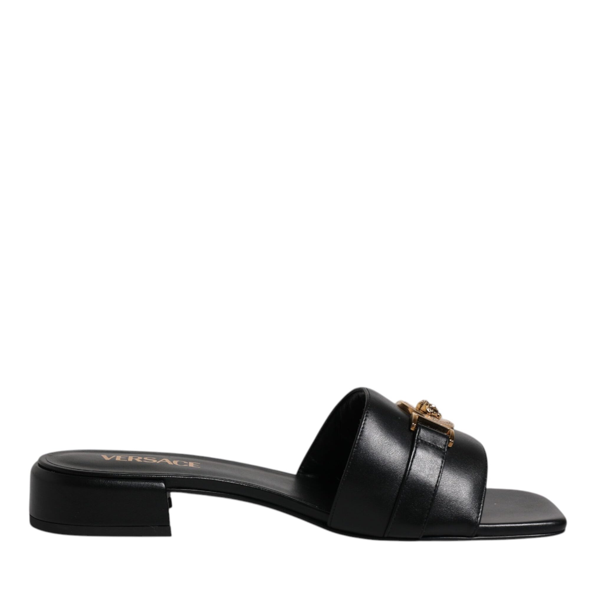 Versace Black Leather Logo Plaque Slip On Slides Flats Shoes Versace