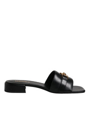 Versace Black Leather Logo Plaque Slip On Slides Flats Shoes Versace