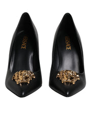 Black Leather Logo Plaque High Heels Pumps Shoes