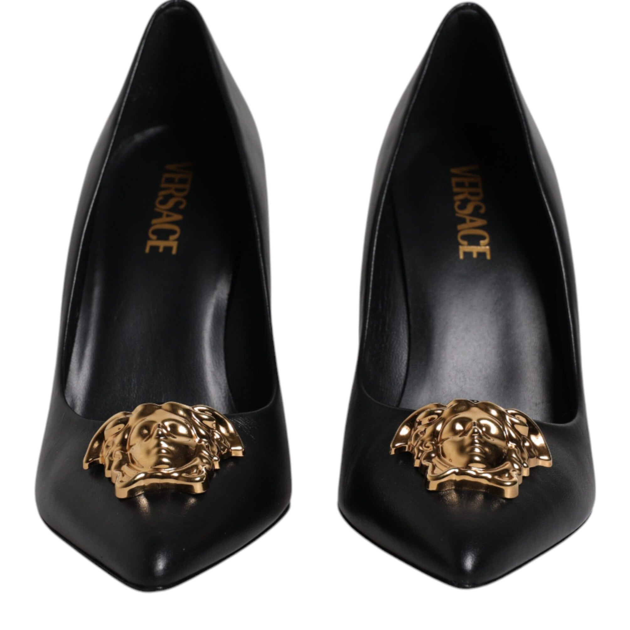 Versace Black Leather Logo Plaque High Heels Pumps Shoes Versace
