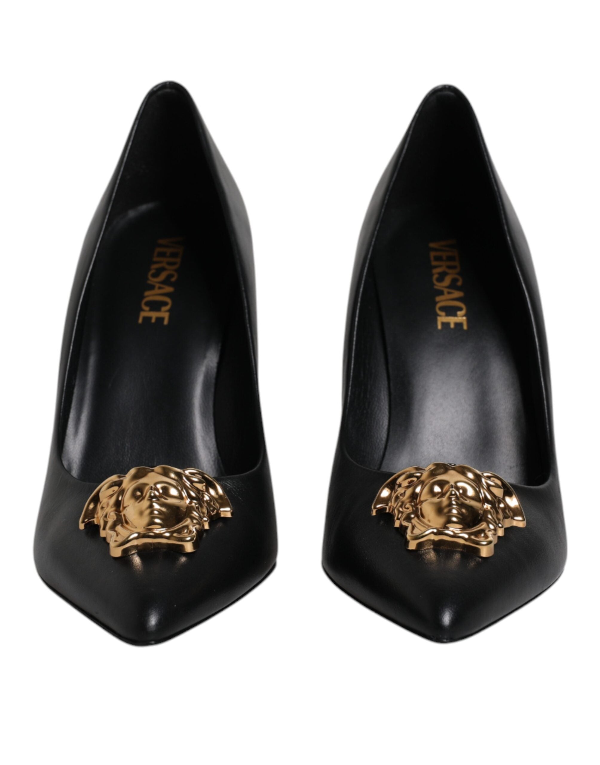 Versace Black Leather Logo Plaque High Heels Pumps Shoes Versace