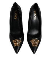 Versace Black Leather Logo Plaque High Heels Pumps Shoes Versace