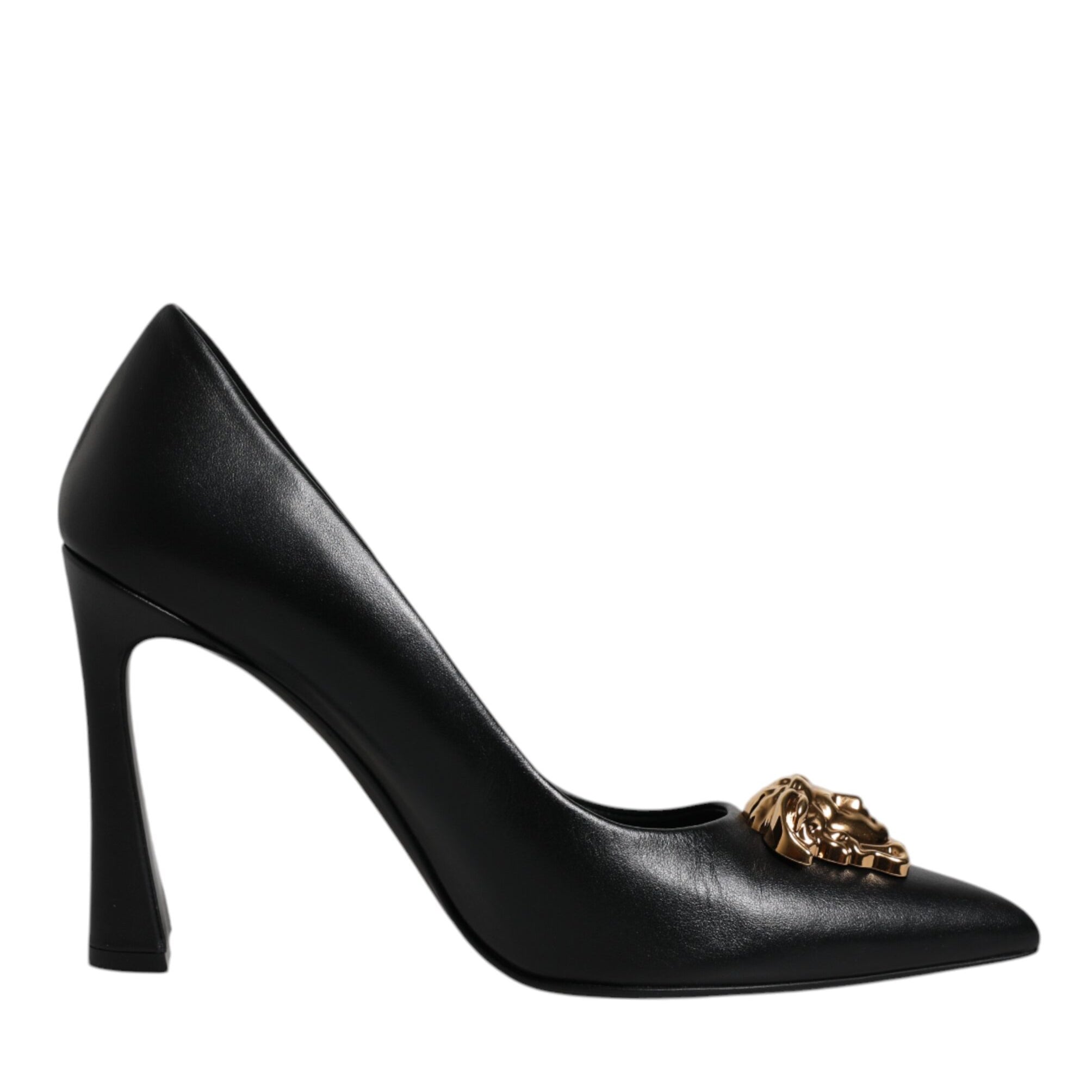 Versace Black Leather Logo Plaque High Heels Pumps Shoes Versace