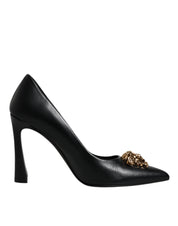 Versace Black Leather Logo Plaque High Heels Pumps Shoes Versace
