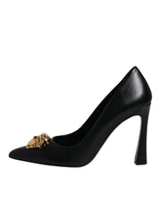 Versace Black Leather Logo Plaque High Heels Pumps Shoes Versace
