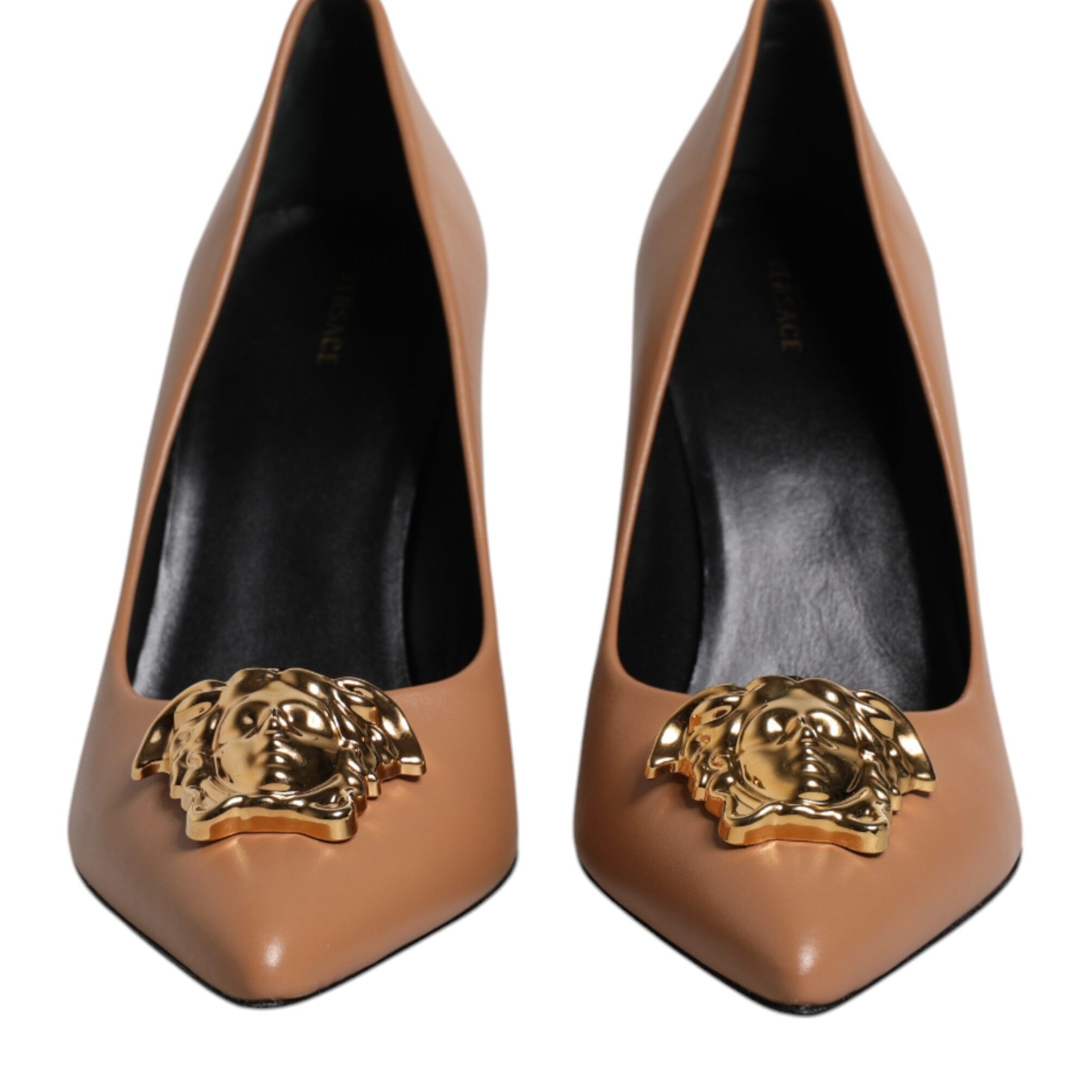 Versace Brown Leather Logo Plaque High Heels Pumps Shoes Versace
