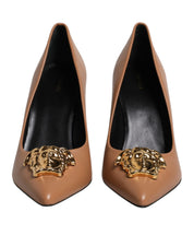 Versace Brown Leather Logo Plaque High Heels Pumps Shoes Versace