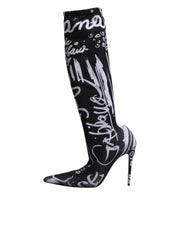Black Logo Stretch Heels High Boots Shoes