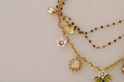 Gold Brass Crystal Floral Statement Charms Necklace