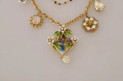 Gold Brass Crystal Floral Statement Charms Necklace