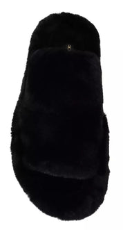 Black Polyester Faux Fur Mens Flats Sandals Shoes