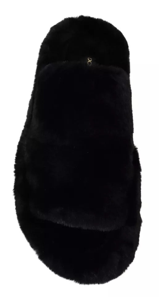 Black Polyester Faux Fur Mens Flats Sandals Shoes