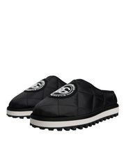 Black Nylon Quilted Logo Patch Sandals Slides Shoes