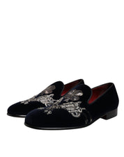 Black Velvet Floral Gun Loafers Dress Shoes