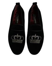 Black Velvet Crystal Crown Loafers Formal Dress Shoes