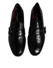 Black Exotic Leather DG Logo Loafers Formal Dress Shoes