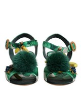 Green Crystal Fur Embellished Sandals Shoes