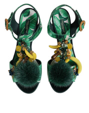 Green Crystal Fur Embellished Sandals Shoes