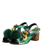 Green Crystal Fur Embellished Sandals Shoes