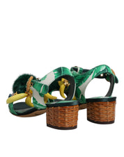 Green Crystal Fur Embellished Sandals Shoes