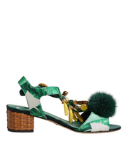 Green Crystal Fur Embellished Sandals Shoes